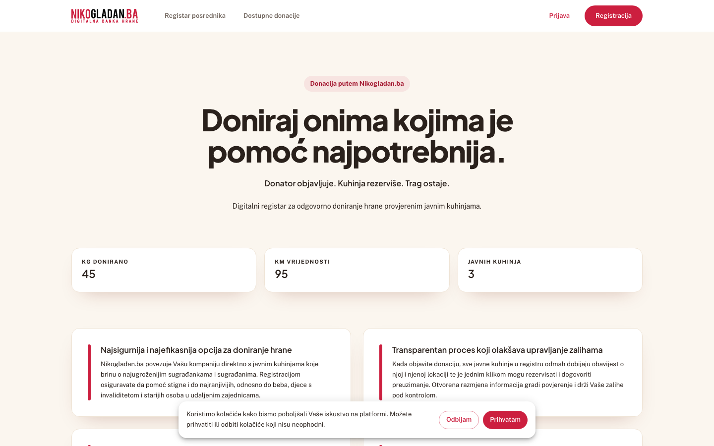 Korak 1: Otvorite https://nikogladan.nebulam.dev/ — naslovnicu NikoGladan.ba.