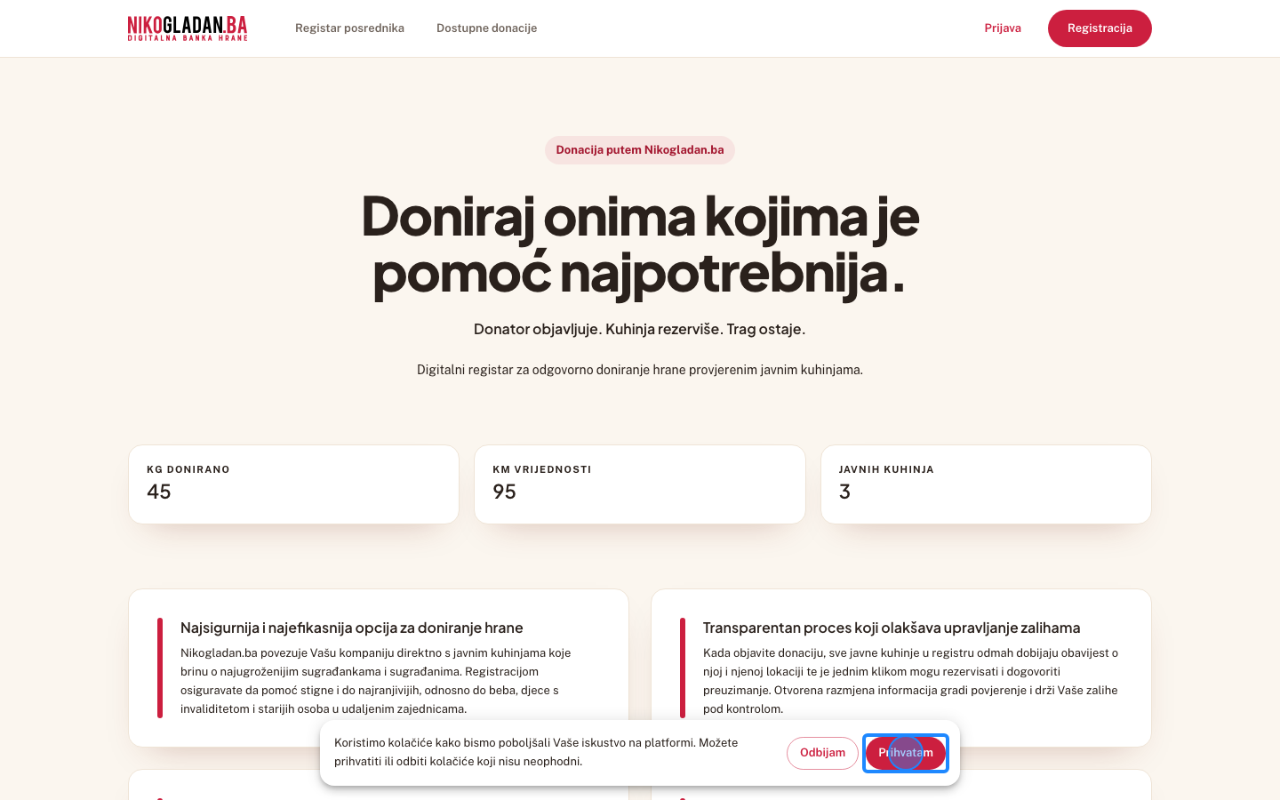 Korak 2: Kliknite „Prihvatam" na traci za kolačiće (pojavljuje se pri prvom otvaranju u svakom prozoru).