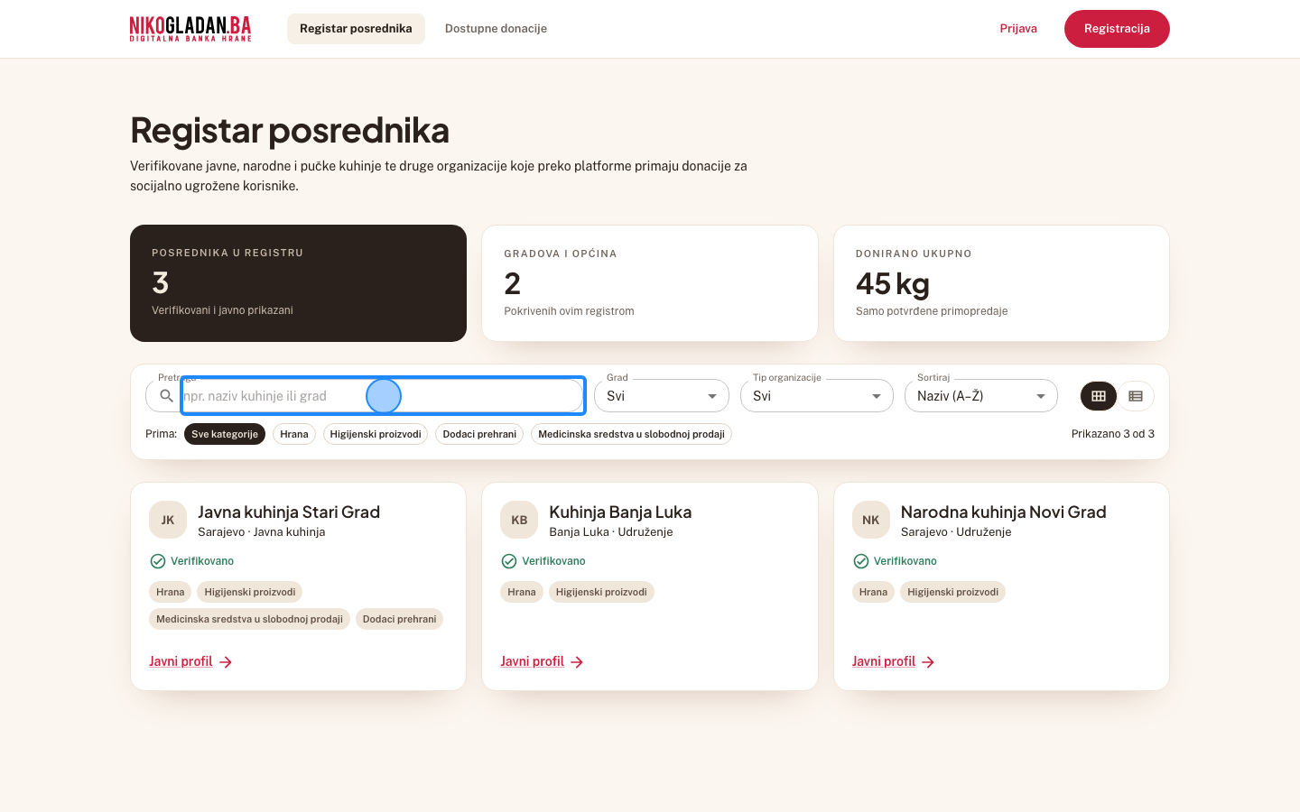 Korak 7: U polje „Pretraga" (placeholder „npr. naziv kuhinje ili grad") unesite „Banja" — lista se sužava dok kucate.