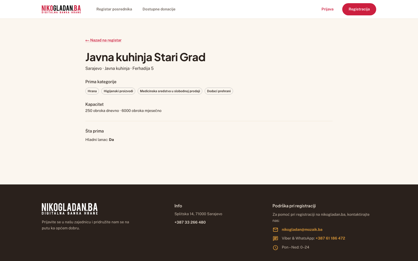Korak 24: Pogledajte javni profil kuhinje: kategorije koje prima, kapacitet i hladni lanac — bez telefona i emaila.
