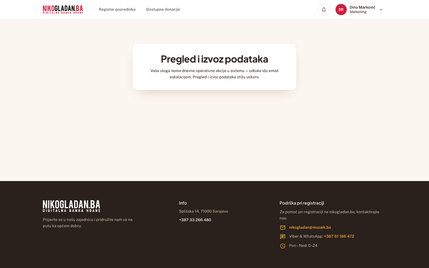 Korak 45: Otvara se Kontrolna tabla Marketinga s porukom da „Pregled i izvoz podataka stižu uskoro" (javni sloj dolazi u Sprintu 6).