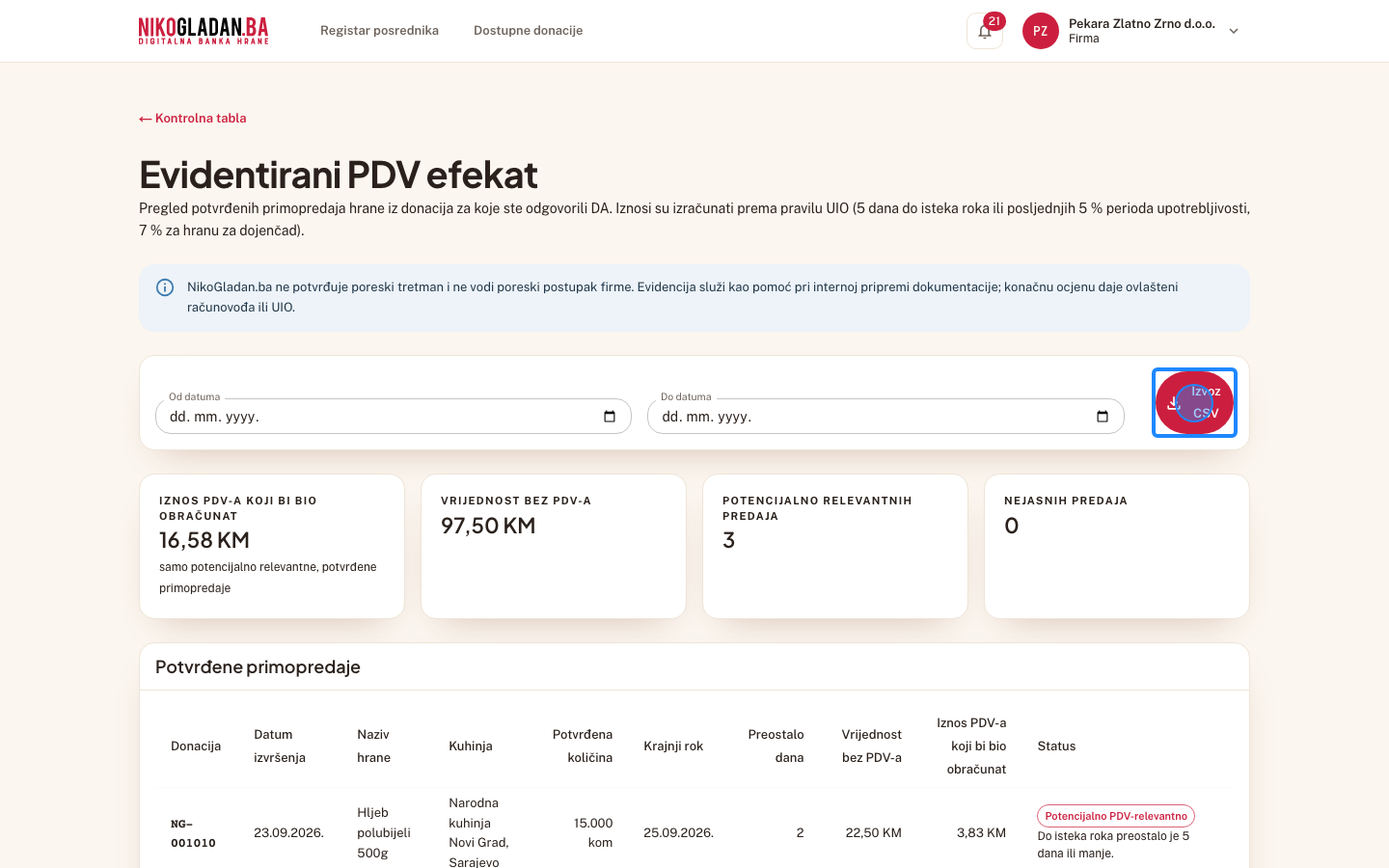 Korak 13: Vratite se na „Pregled evidencije" i kliknite „Izvoz CSV" — preuzima se datoteka pdv-evidencija.csv.