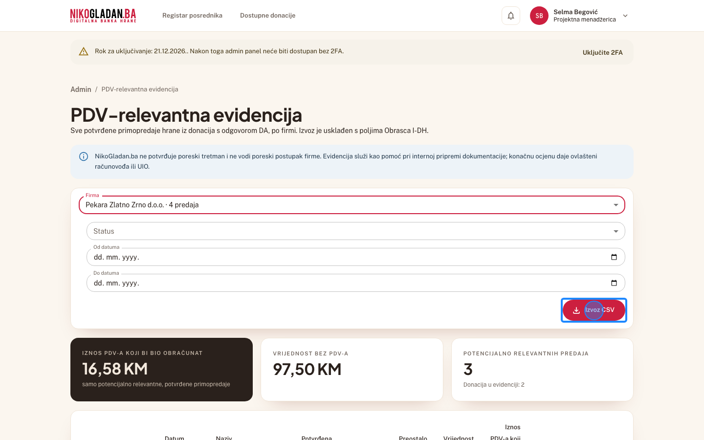 Korak 28: Kliknite „Izvoz CSV" — preuzima se datoteka s redovima za odabrane filtere.