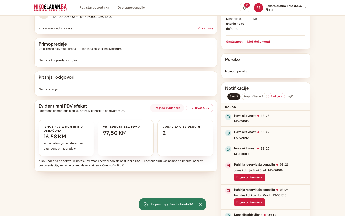 Korak 6: Kontrolna tabla firme → kartica „Evidentirani PDV efekat": „Iznos PDV-a koji bi bio obračunat", „Vrijednost bez PDV-a", broj donacija; dugmad „Pregled evidencije" i „Izvoz CSV".