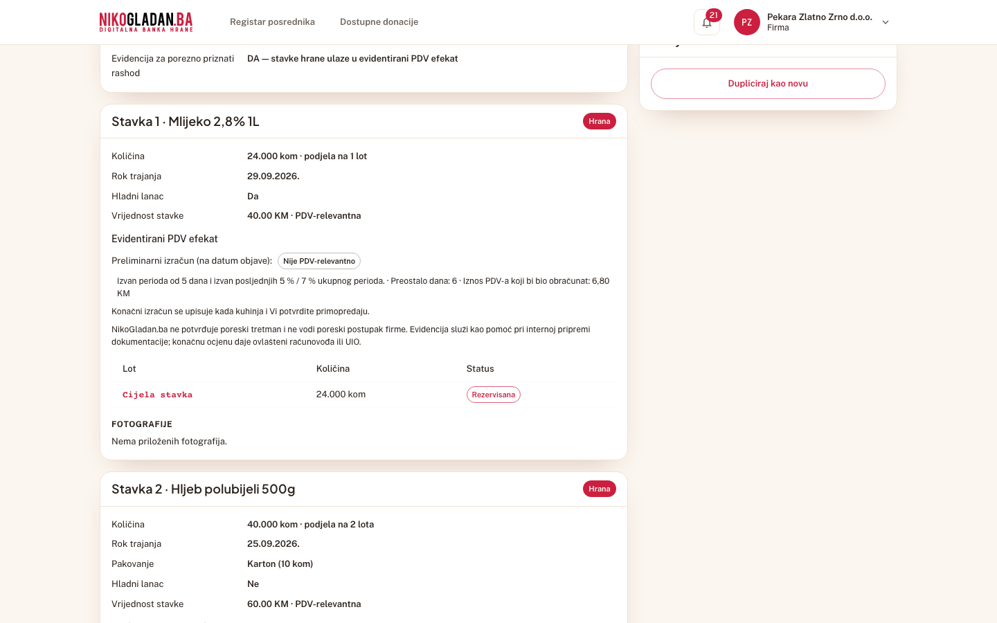 Korak 12: Detalj ponude, sekcija „Evidentirani PDV efekat" uz stavku hljeba: „Preliminarni izračun (na datum objave)" i „Konačni izračun (na datum izvršenja donacije)" po kuhinji s potvrđenom količinom.