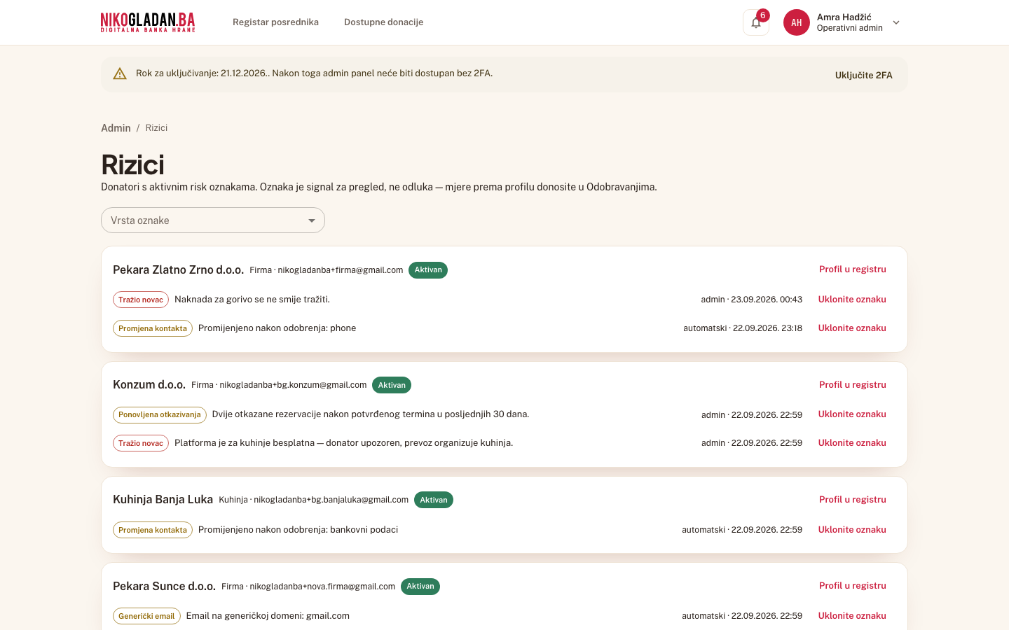 Korak 105: Stranica „Rizici" (/admin/rizici): Pekara Zlatno Zrno (Tražio novac, Promjena kontakta), Konzum d.o.o. (Tražio novac, Ponovljena otkazivanja), Kuhinja Banja Luka (Promjena kontakta).