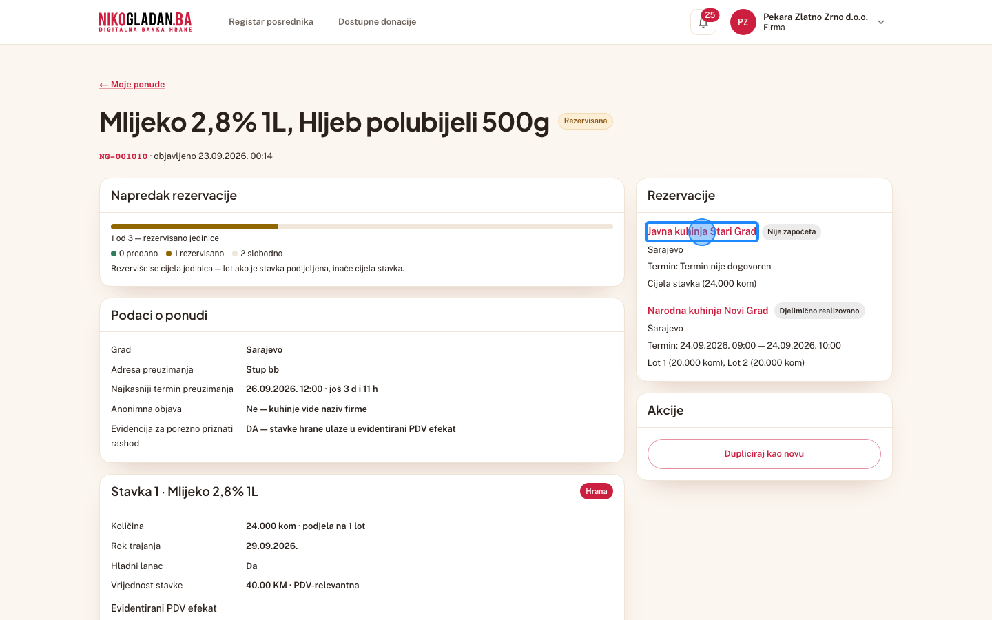 Korak 34: U sekciji „Rezervacije" kliknite „Javna kuhinja Stari Grad" (aktivna rezervacija mlijeka).