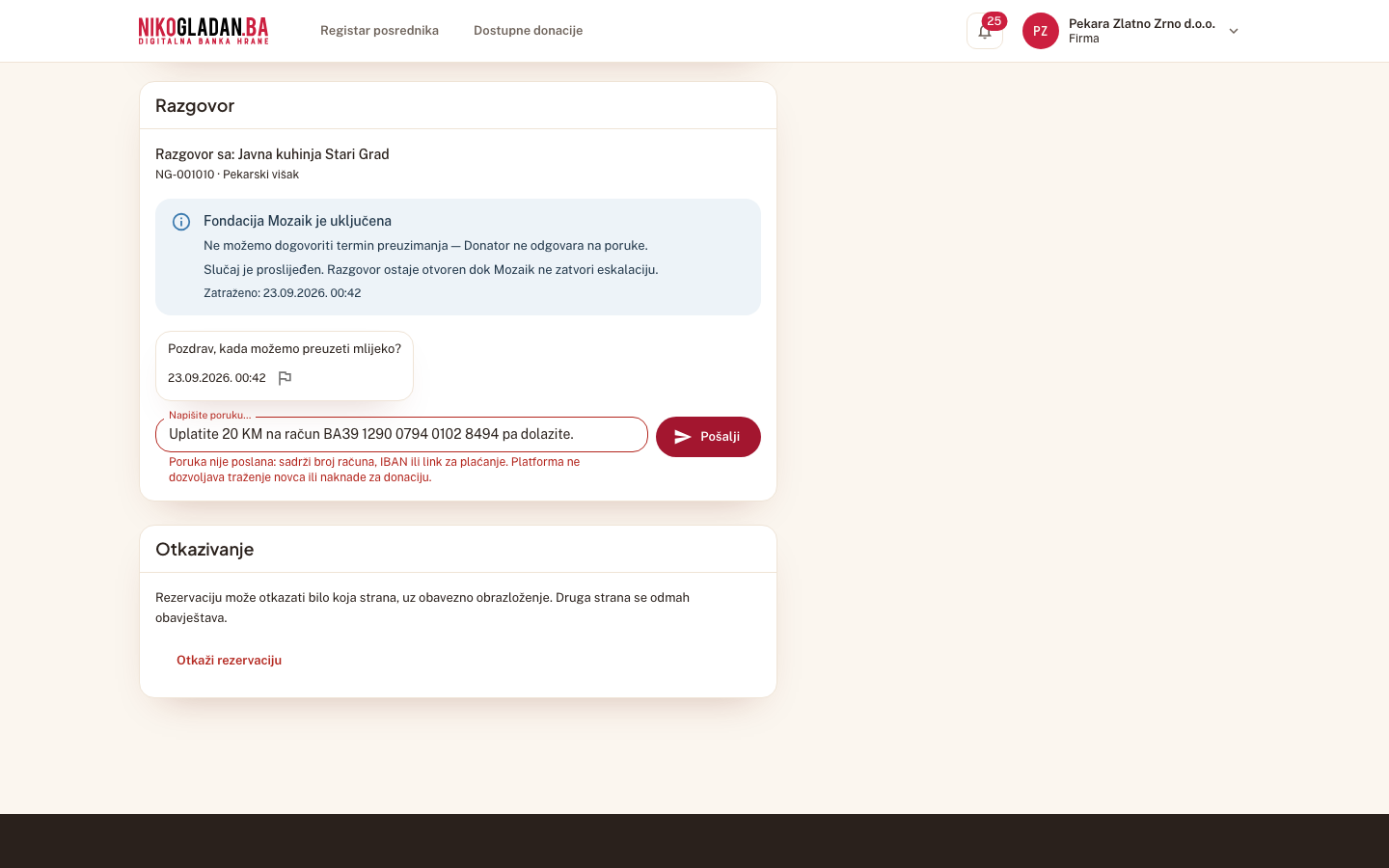 Korak 37: Crvena poruka „Poruka nije poslana: sadrži broj računa, IBAN ili link za plaćanje…" — tekst ostaje u polju.