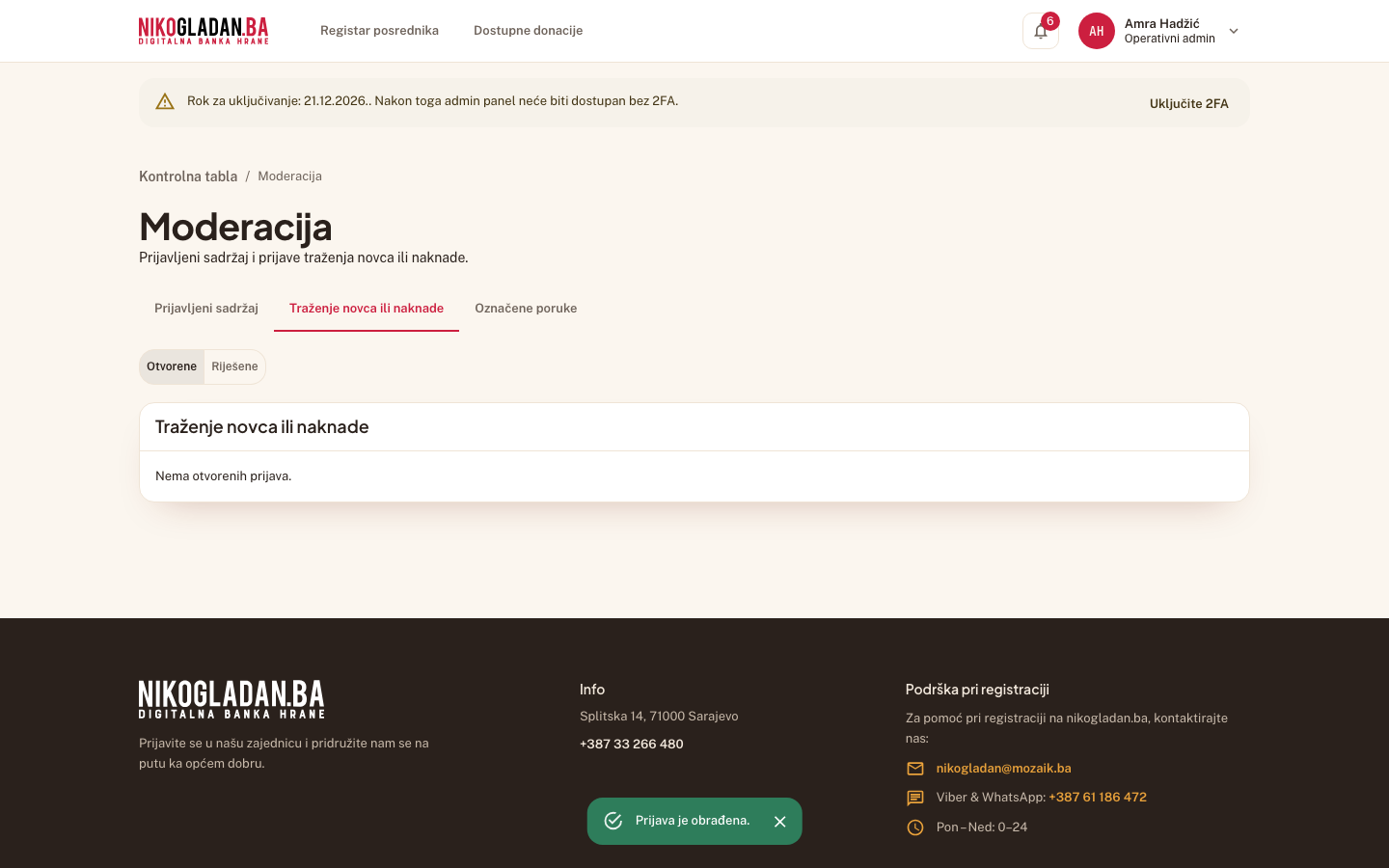 Korak 91: Poruka „Prijava je obrađena." — prijava prelazi u Riješene s mjerom „upozorenje".