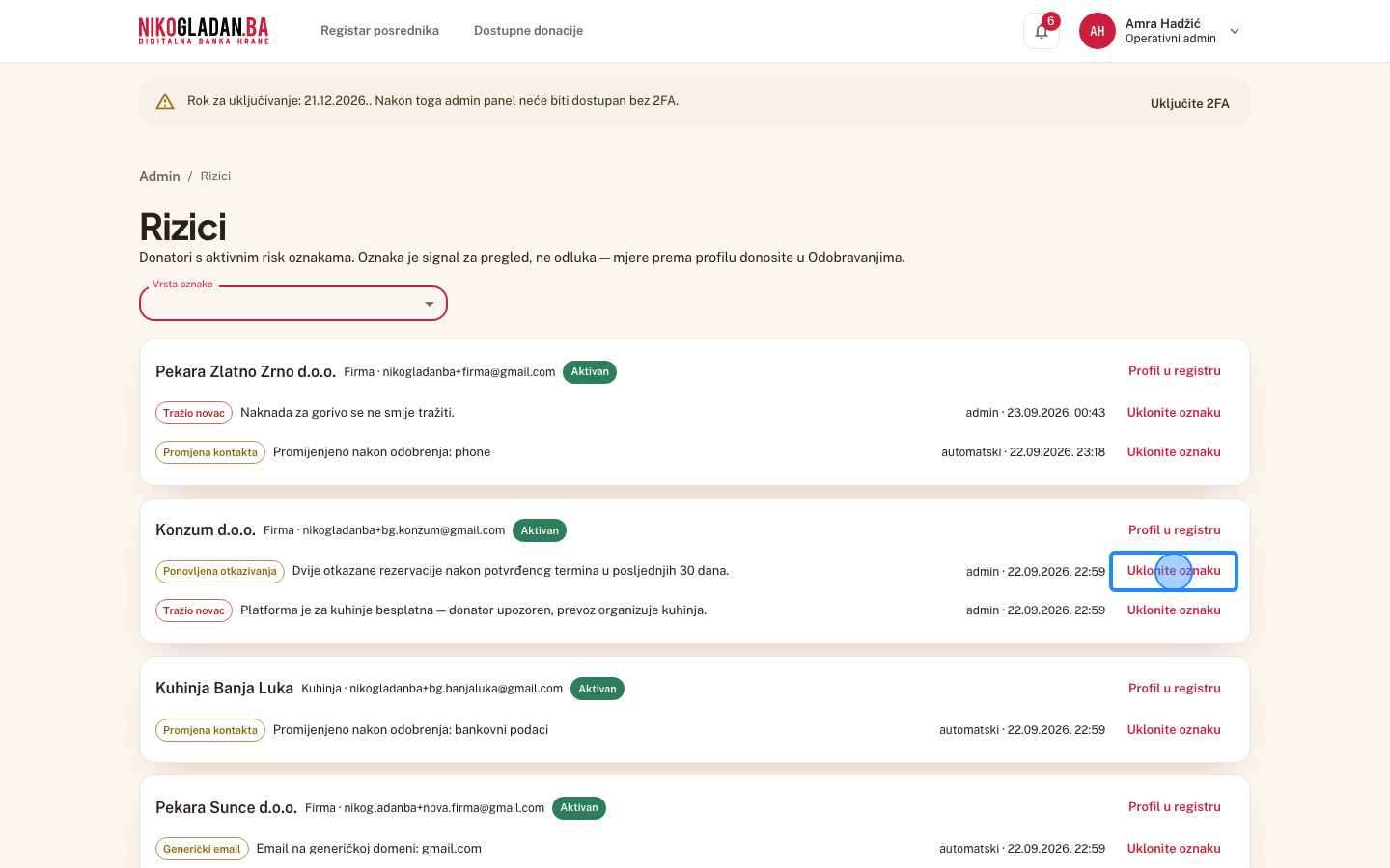 Korak 111: Kod Konzum d.o.o., uz oznaku „Ponovljena otkazivanja", kliknite „Uklonite oznaku".