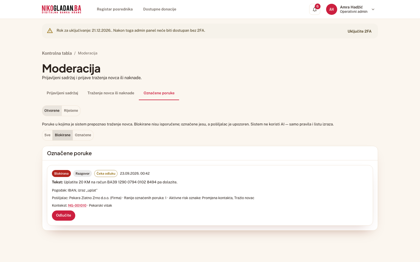 Korak 96: Blokirana poruka s IBAN-om — nije isporučena kuhinji.