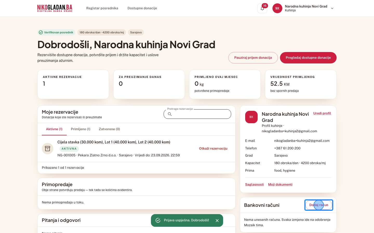 Korak 6: Na kontrolnoj tabli, u kartici „Bankovni računi", kliknite „Dodaj račun".