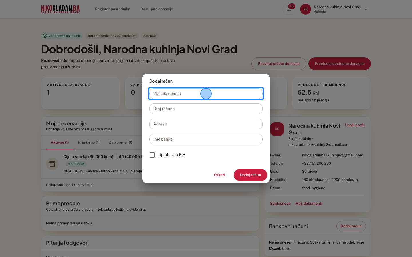 Korak 7: U polje „Vlasnik računa" unesite Narodna kuhinja Novi Grad.
