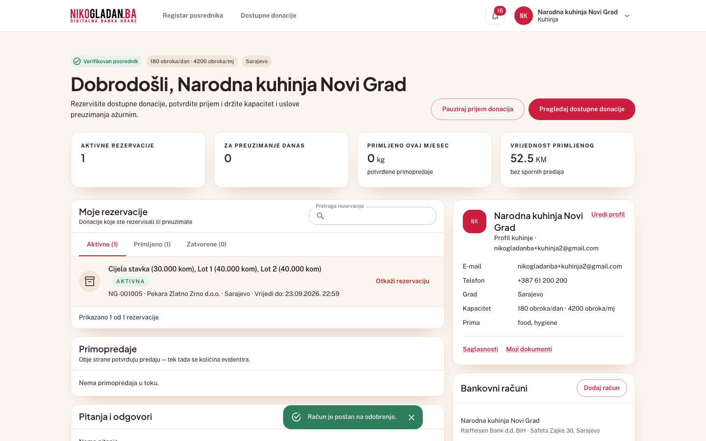 Korak 13: Poruka „Račun je poslan na odobrenje." — račun se prikazuje u kartici sa statusom na čekanju.