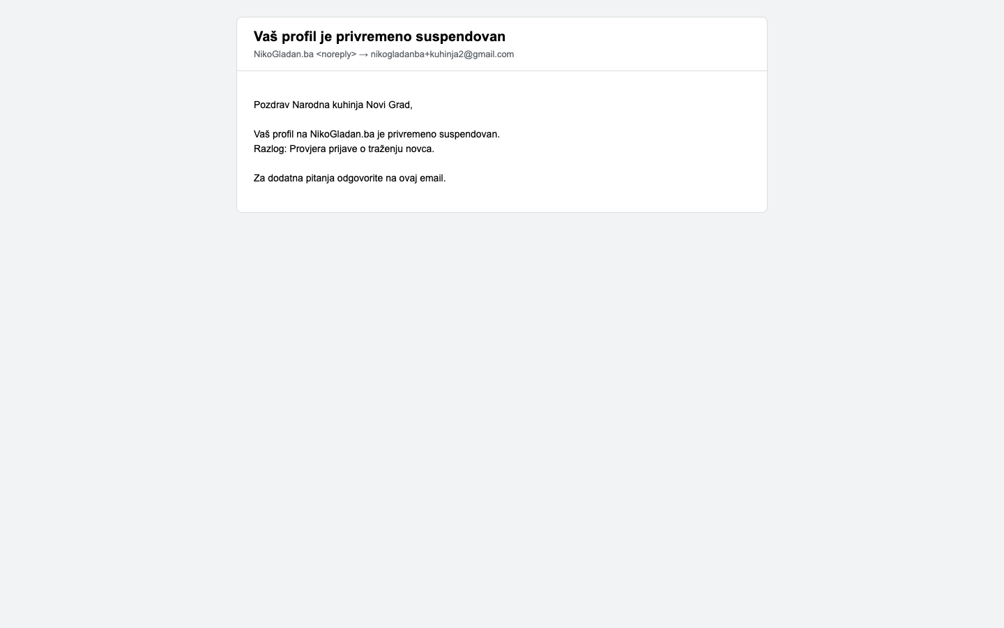 Korak 52: [Gmail] Email kuhinji „Vaš profil je privremeno suspendovan".