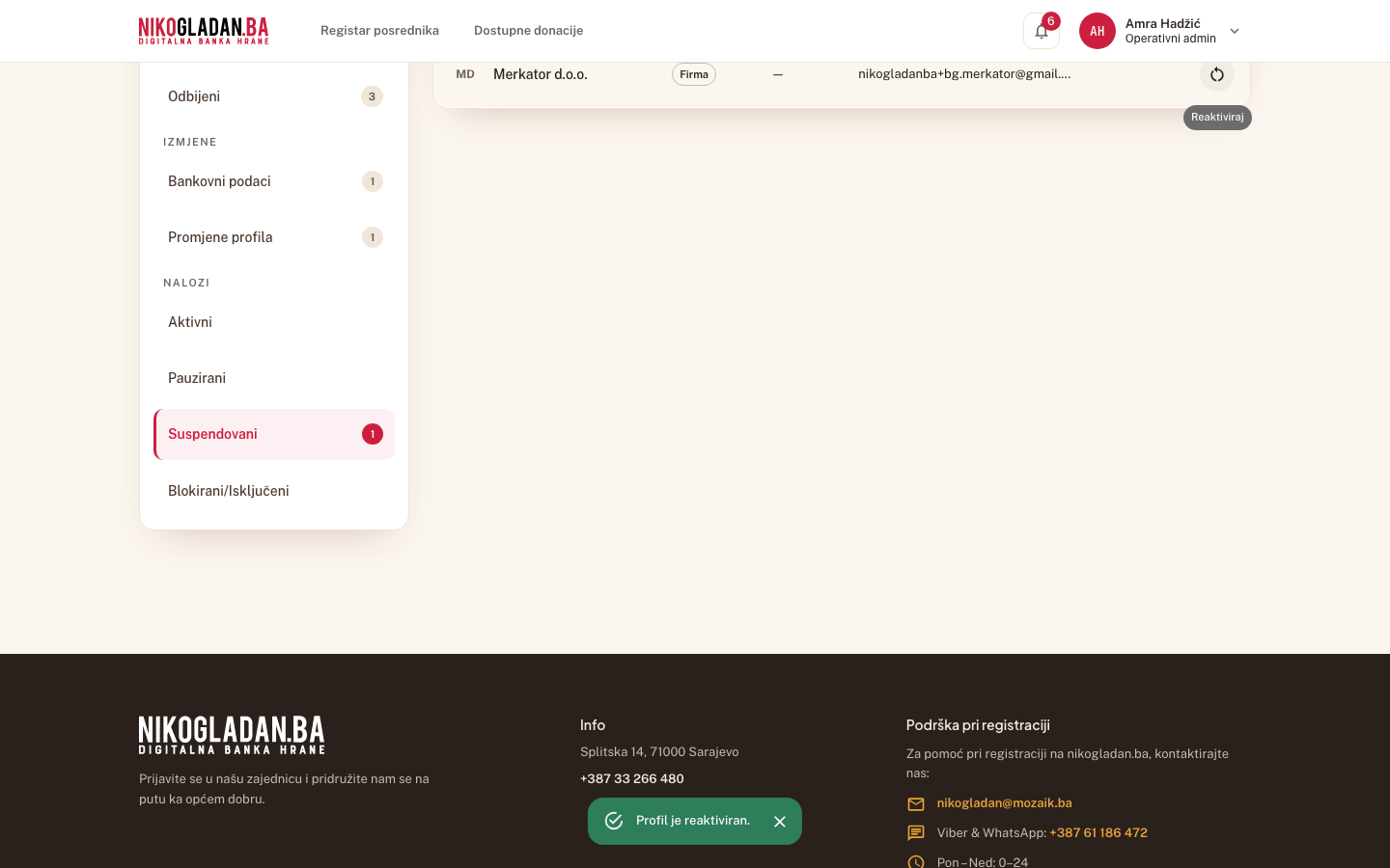 Korak 61: Poruka „Profil je reaktiviran." — red nestaje iz Suspendovanih.
