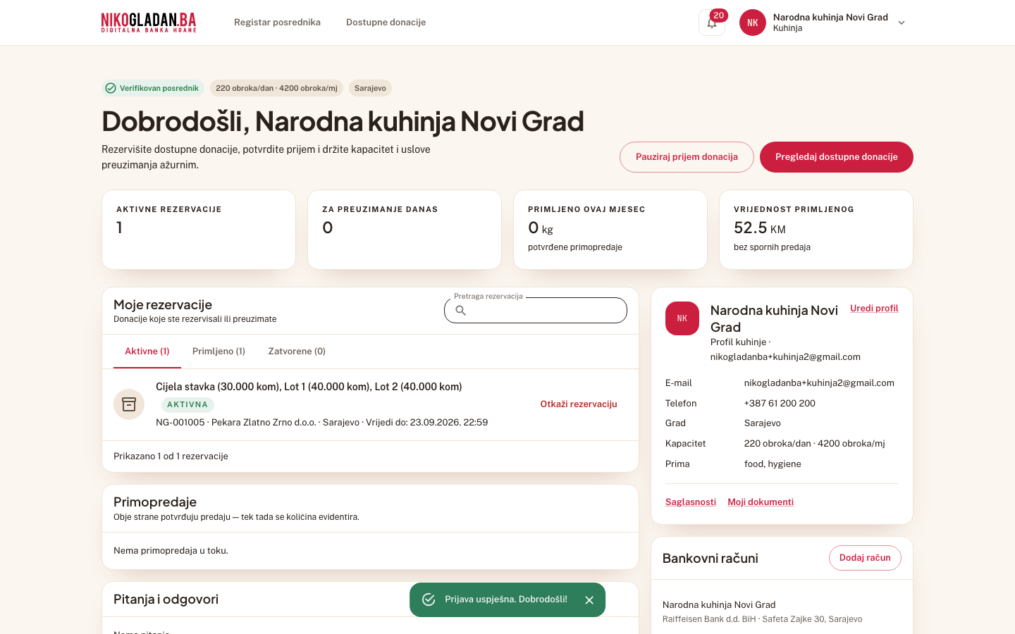 Korak 68: Kontrolna tabla Kuhinje 2: oznaka „Suspendovan" je nestala, dugme „Pauziraj prijem donacija" je ponovo tu.