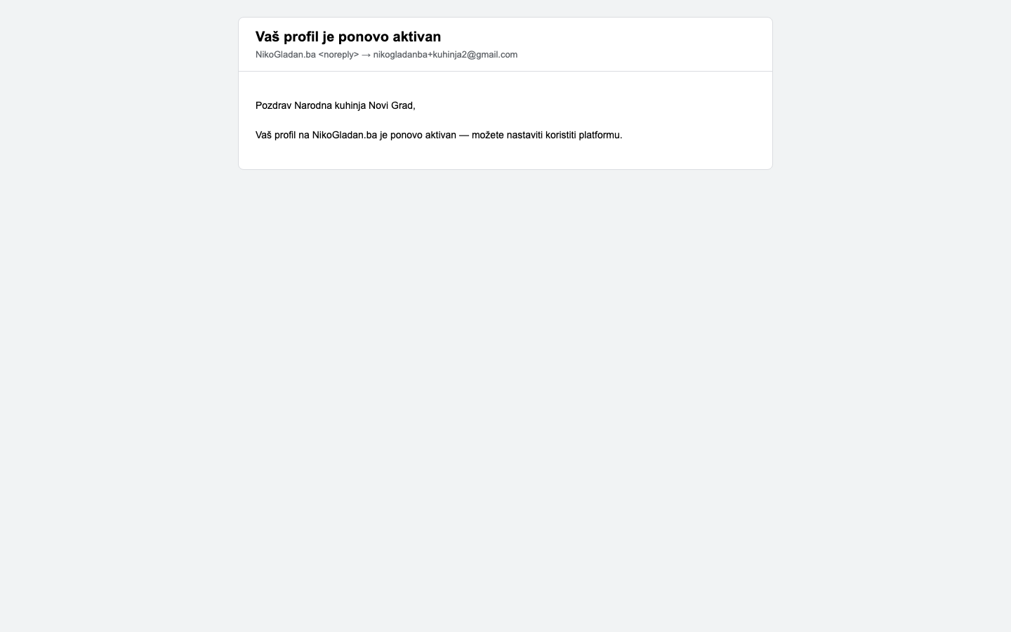 Korak 69: [Gmail] Email kuhinji „Vaš profil je ponovo aktivan".