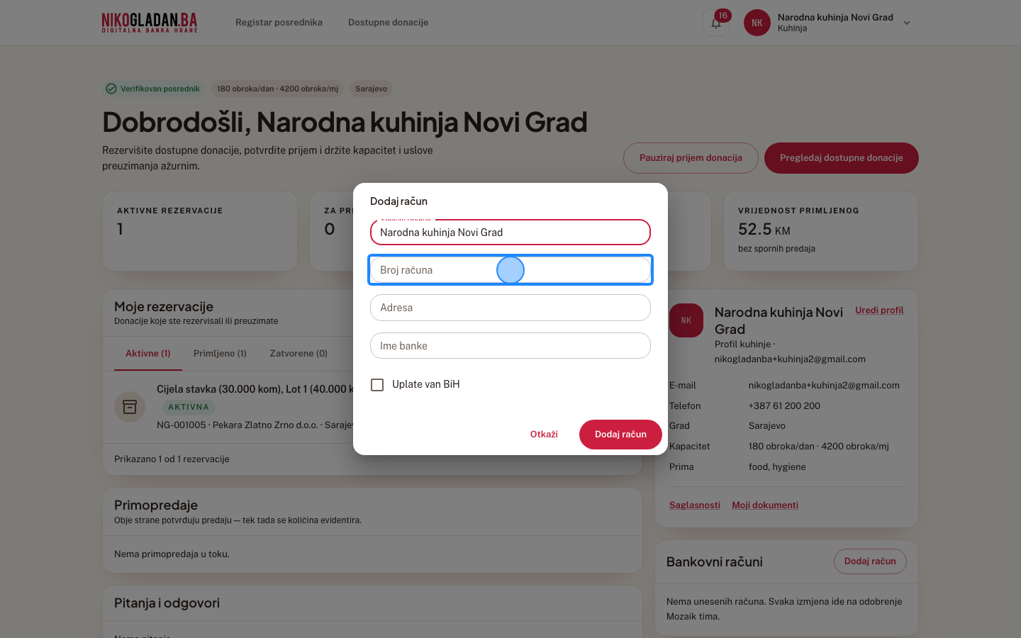 Korak 8: U polje „Broj računa" unesite 1610000012345678.