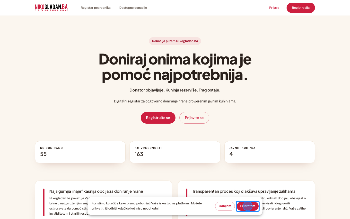 Korak 1: Kliknite „Prihvatam" na traci za kolačiće (pojavljuje se pri prvom otvaranju u svakom prozoru).