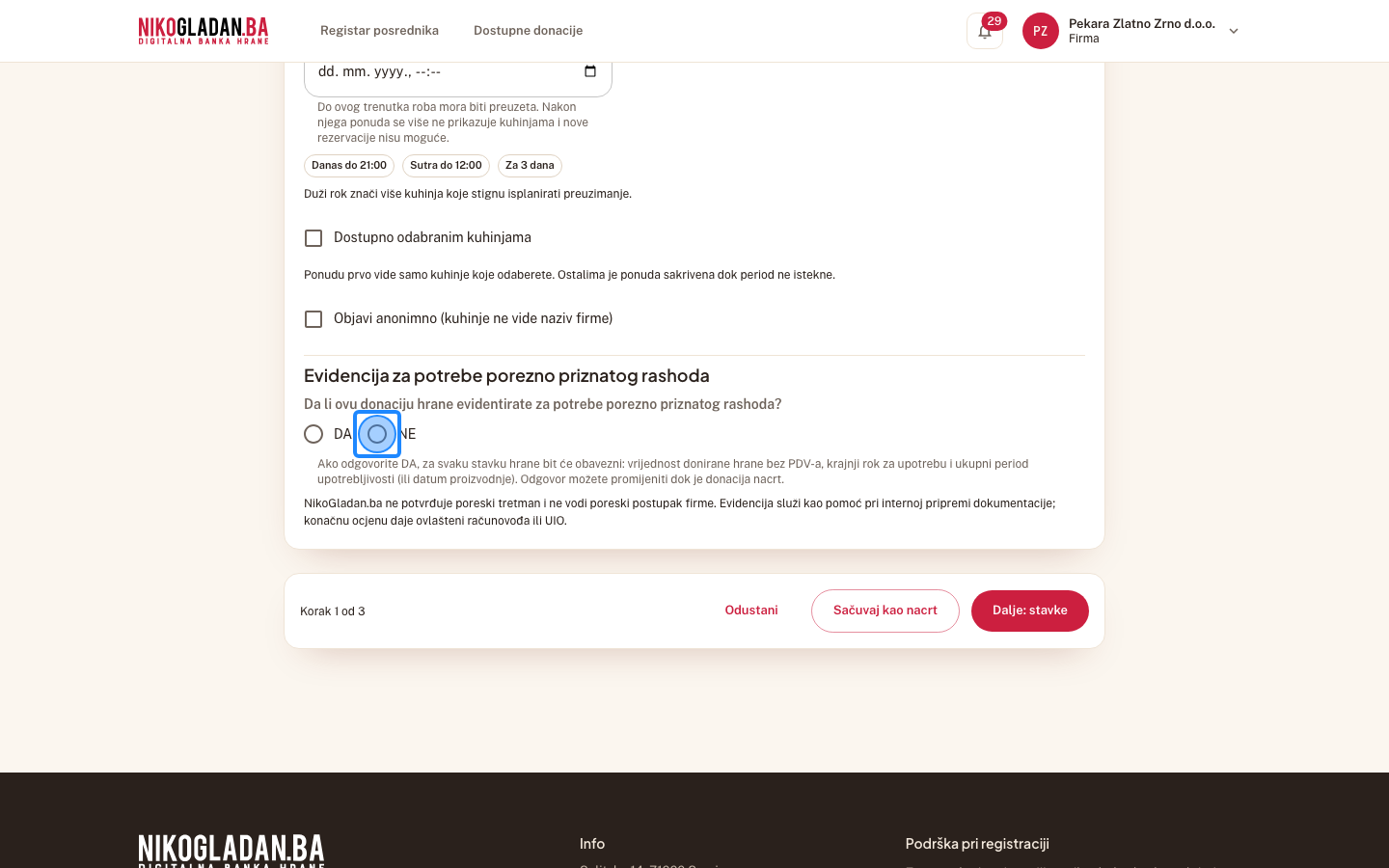 Korak 10: U bloku PDV evidencije odaberite „NE".