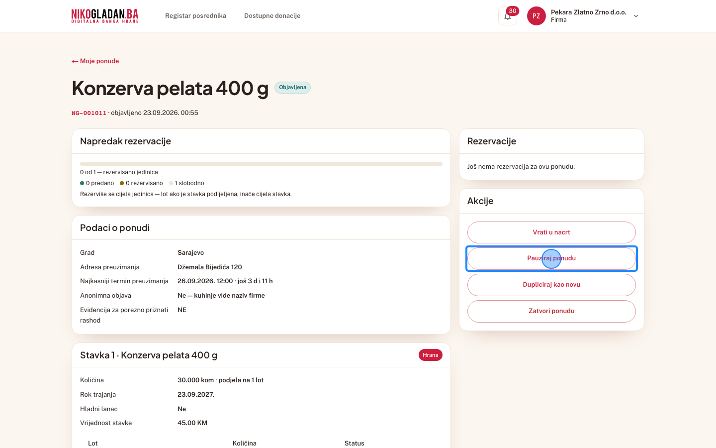 Korak 30: U kartici „Akcije" kliknite „Pauziraj ponudu".