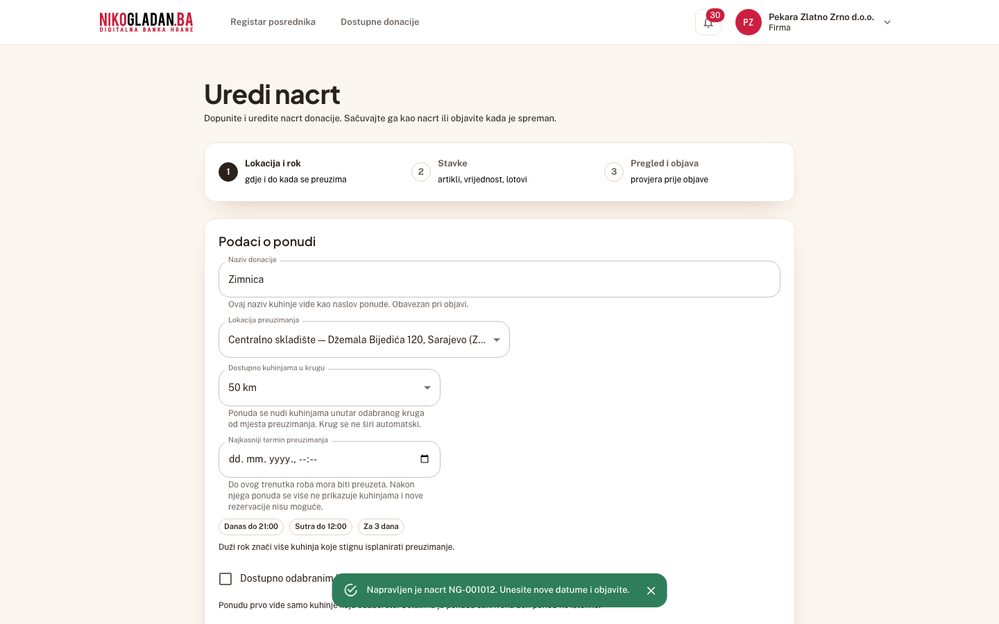 Korak 37: Poruka „Napravljen je nacrt NG-001012. Unesite nove datume i objavite." — otvara se obrazac novog nacrta: naziv i lokacija preneseni, polje termina prazno.