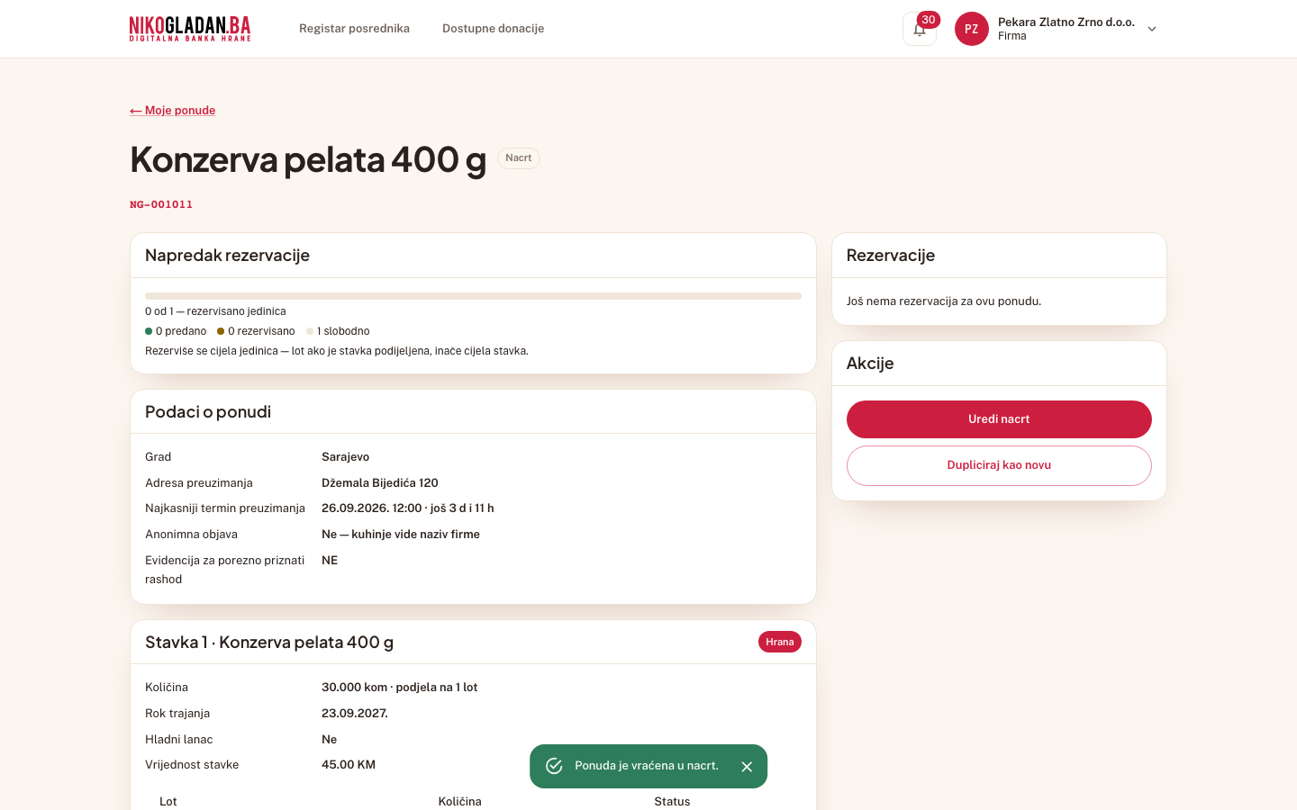 Korak 49: Poruka „Ponuda je vraćena u nacrt." — status „Nacrt".