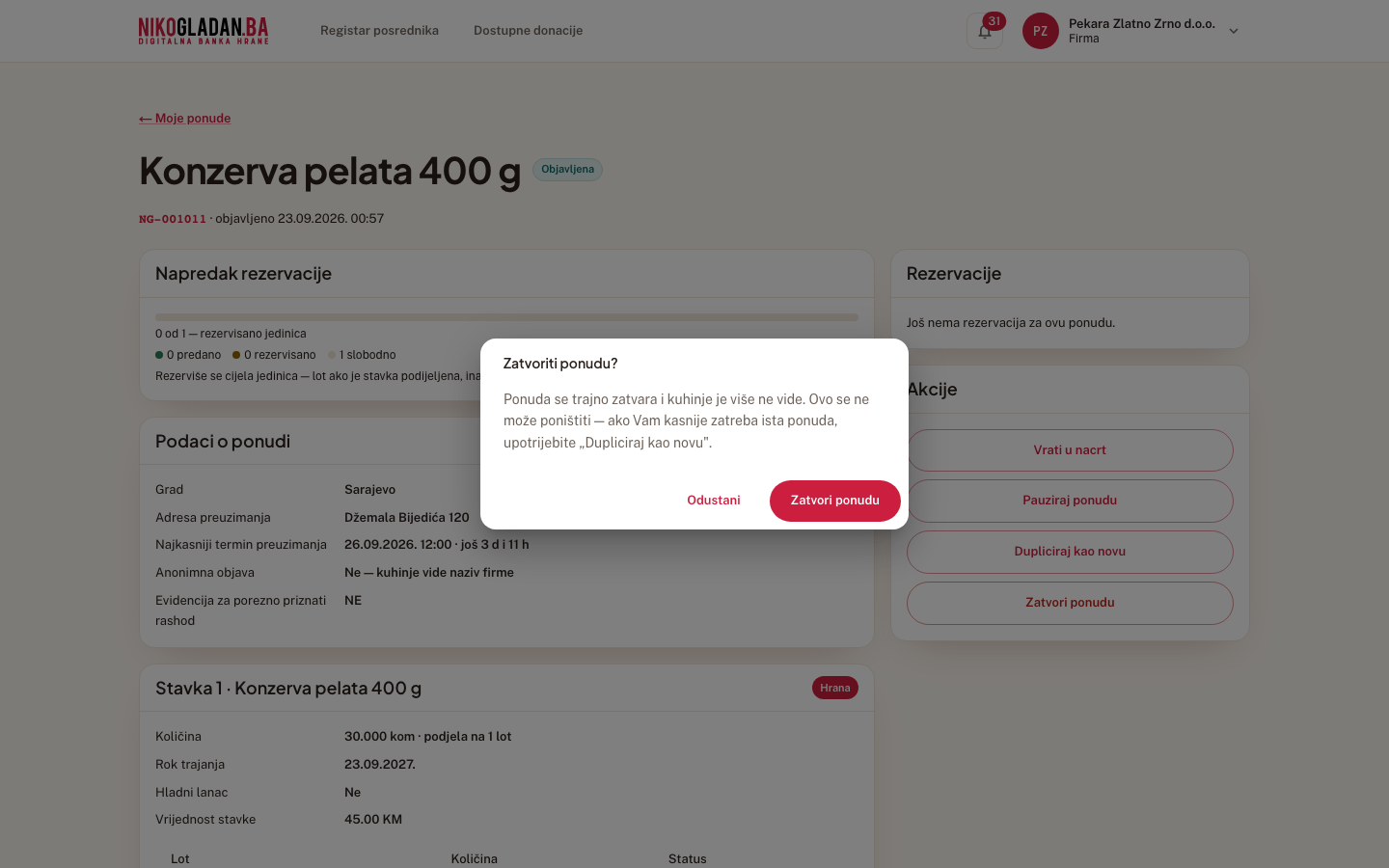 Korak 57: Dijalog „Zatvoriti ponudu?": „Ponuda se trajno zatvara… ako Vam kasnije zatreba ista ponuda, upotrijebite „Dupliciraj kao novu"."