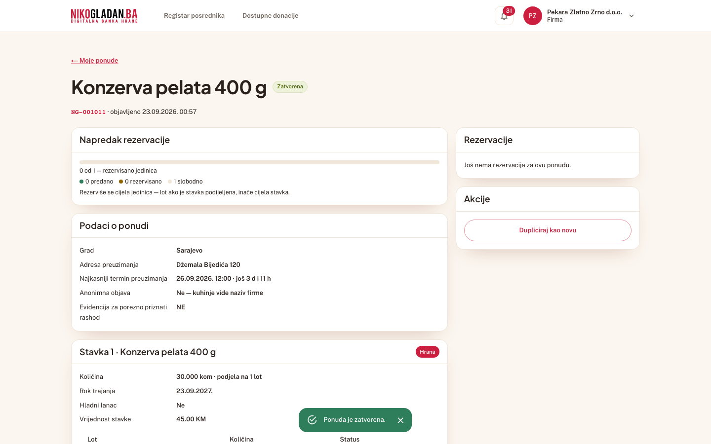 Korak 59: Poruka „Ponuda je zatvorena." — status „Zatvorena".