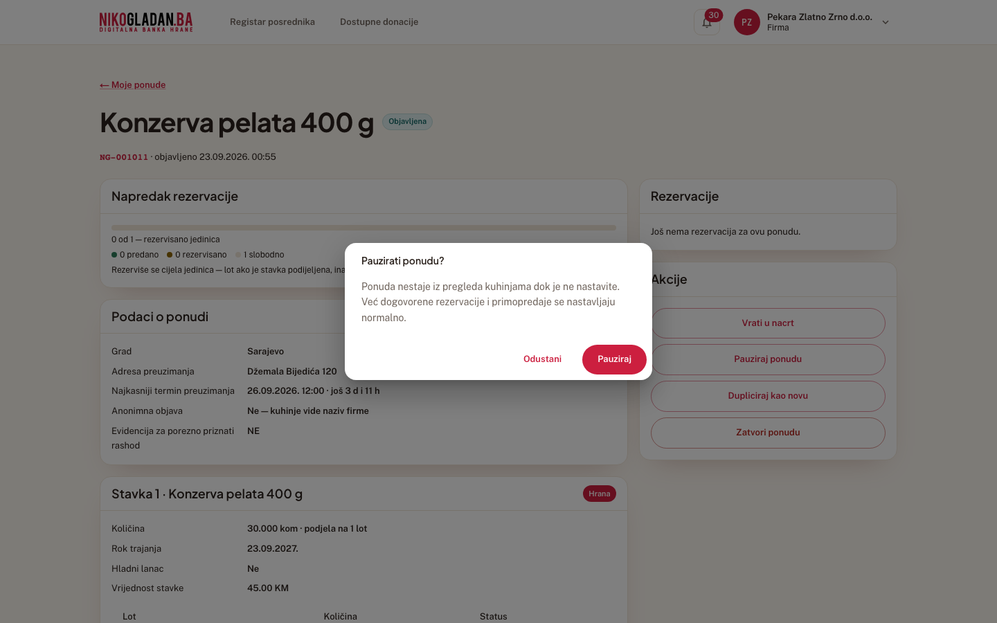 Korak 31: Dijalog „Pauzirati ponudu?": „Ponuda nestaje iz pregleda kuhinjama dok je ne nastavite. Već dogovorene rezervacije i primopredaje se nastavljaju normalno."
