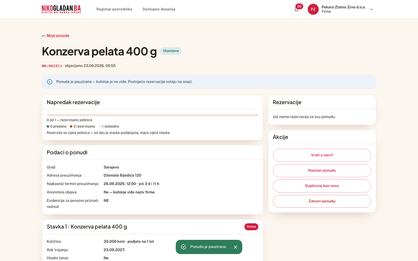 Korak 33: Plava traka „Ponuda je pauzirana — kuhinje je ne vide. Postojeće rezervacije ostaju na snazi."; dugme se mijenja u „Nastavi ponudu".