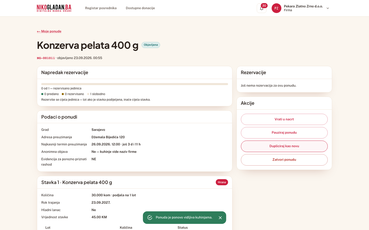 Korak 35: Traka nestaje — poruka „Ponuda je ponovo vidljiva kuhinjama."