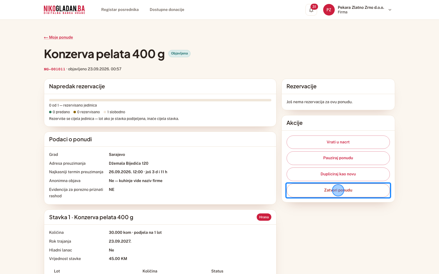 Korak 56: U kartici „Akcije" kliknite „Zatvori ponudu".
