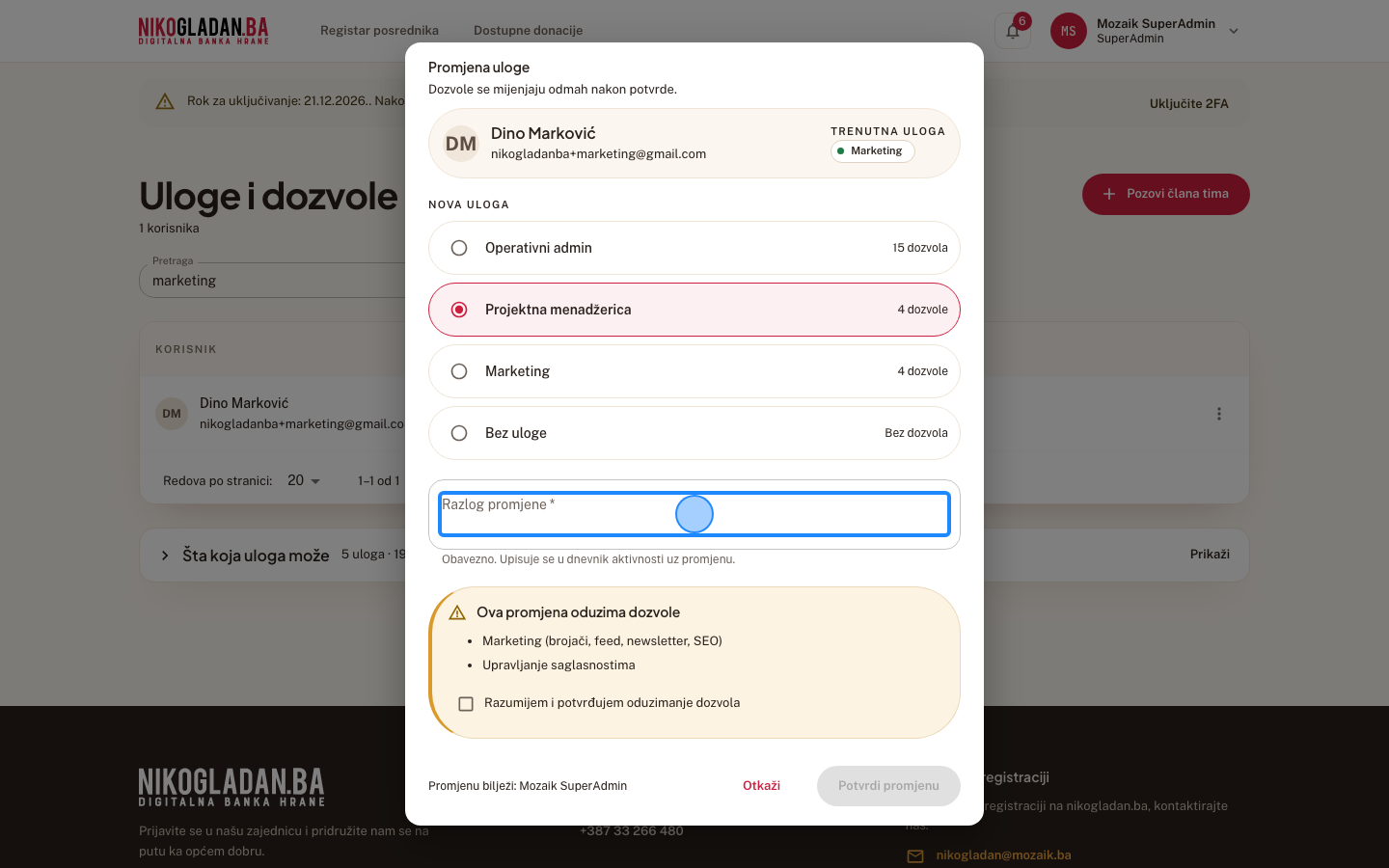 Korak 24: U polje „Razlog promjene" upišite: Demo: privremena zamjena.
