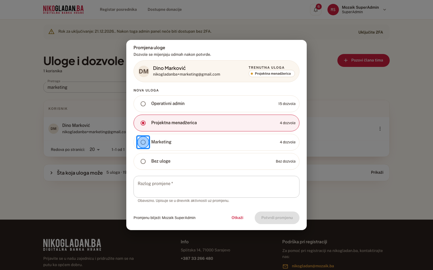 Korak 30: U dijalogu „Promjena uloge" pod „Nova uloga" odaberite „Marketing".