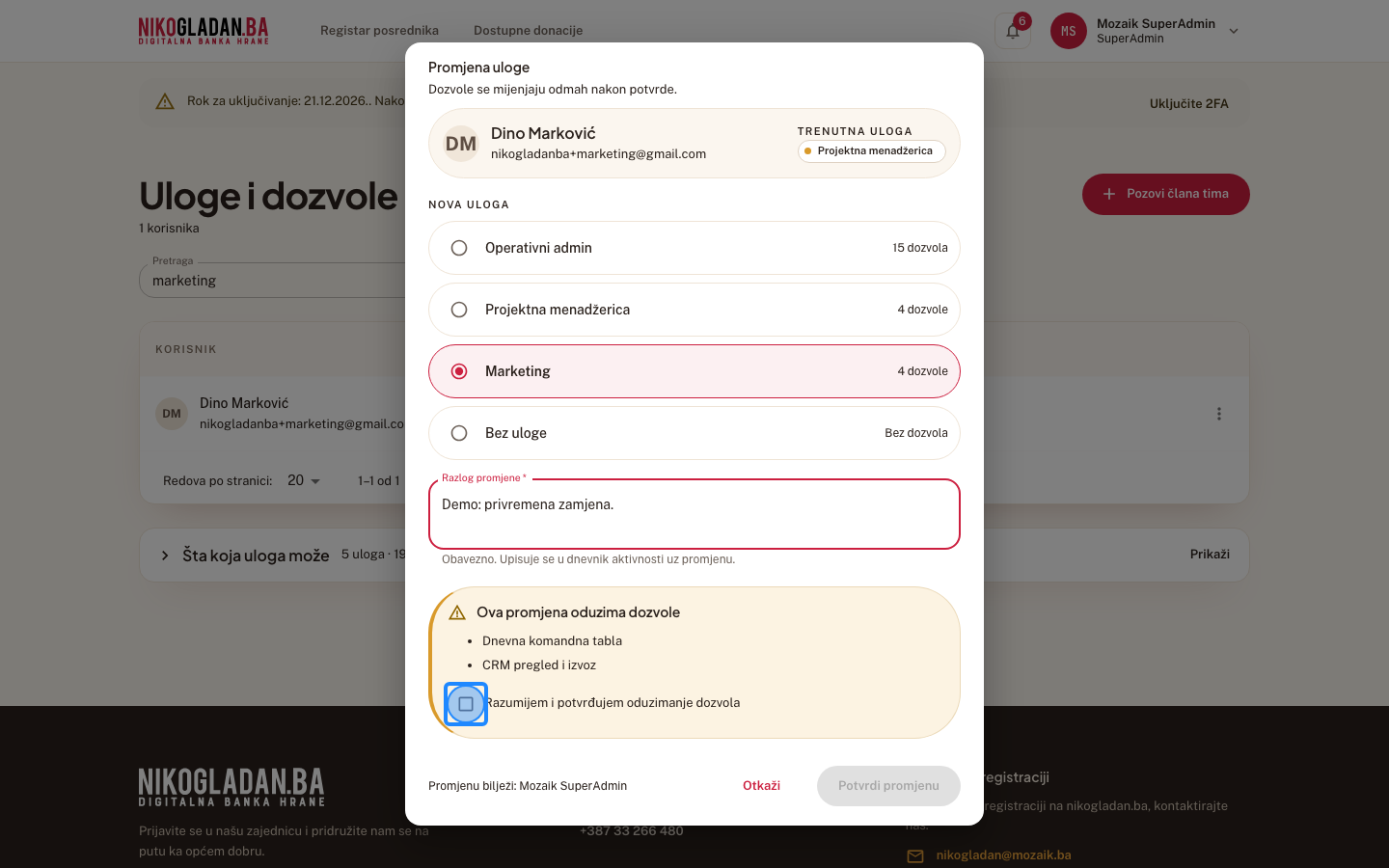 Korak 32: Ova promjena oduzima dozvole — označite „Razumijem i potvrđujem oduzimanje dozvola".
