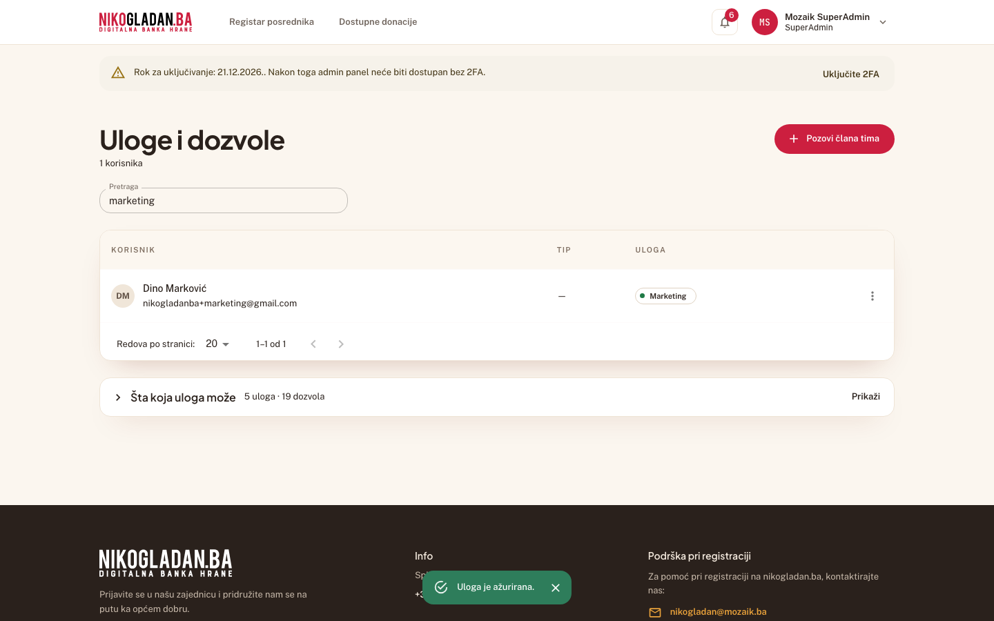 Korak 34: Poruka „Uloga je ažurirana." — Dino Marković sada ima ulogu „Marketing".