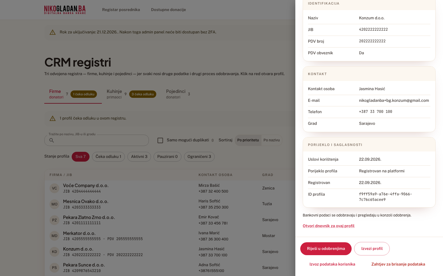 Korak 41: Bočni panel profila: podaci po grupama, blok „Aktivne risk oznake", linkovi „Otvori dnevnik za ovaj profil", „Izvezi profil", „Izvoz podataka korisnika" i „Zahtjev za brisanje podataka".