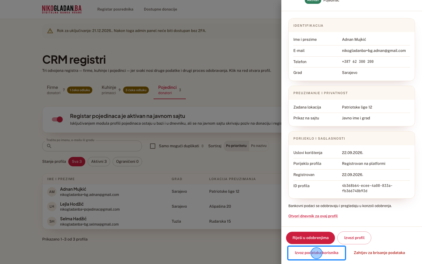 Korak 46: U panelu kliknite „Izvoz podataka korisnika".