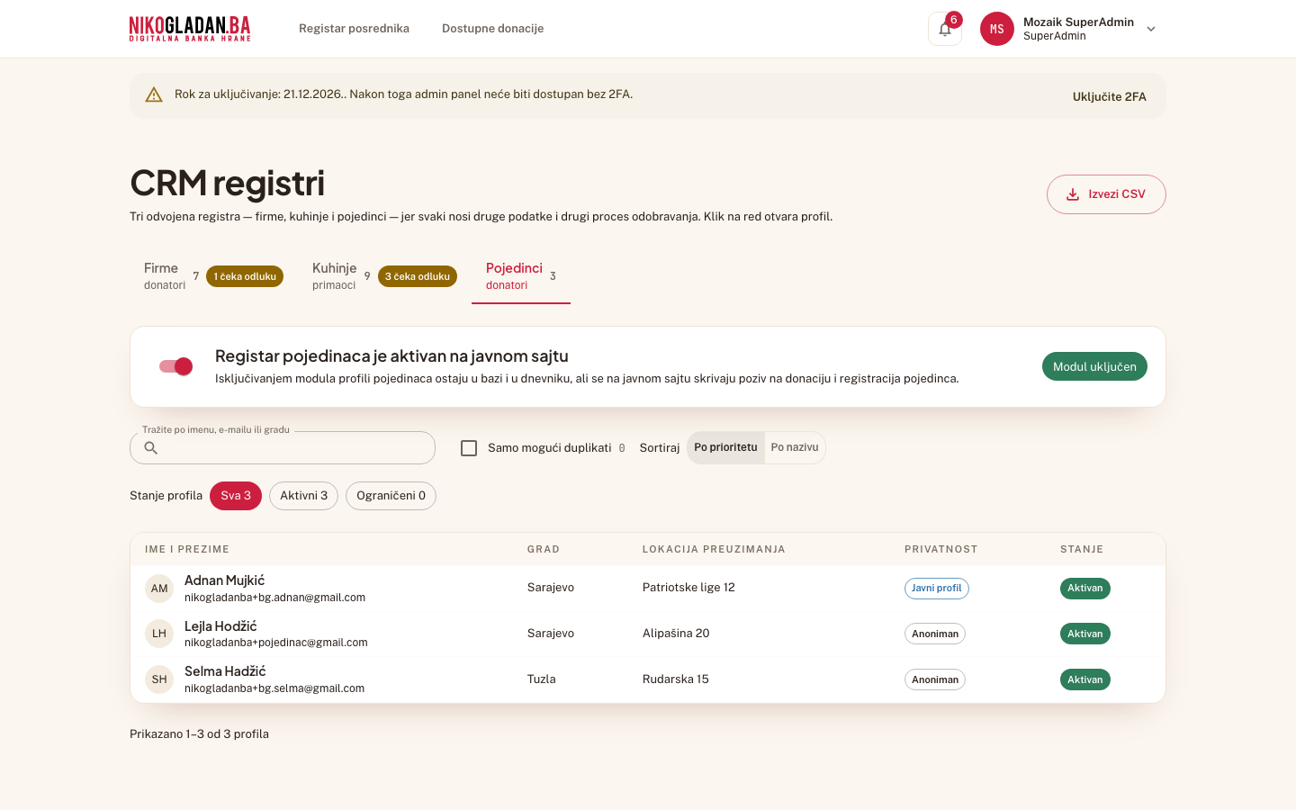 Korak 57: Prekidač „Modul individualnih donacija" na dnu taba Pojedinci — ne mijenjati (isključenje skriva javni poziv i registraciju pojedinaca).