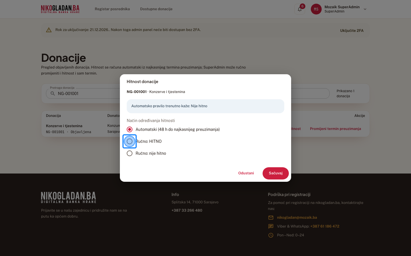Korak 63: U dijalogu „Hitnost donacije" odaberite „Ručno: HITNO".