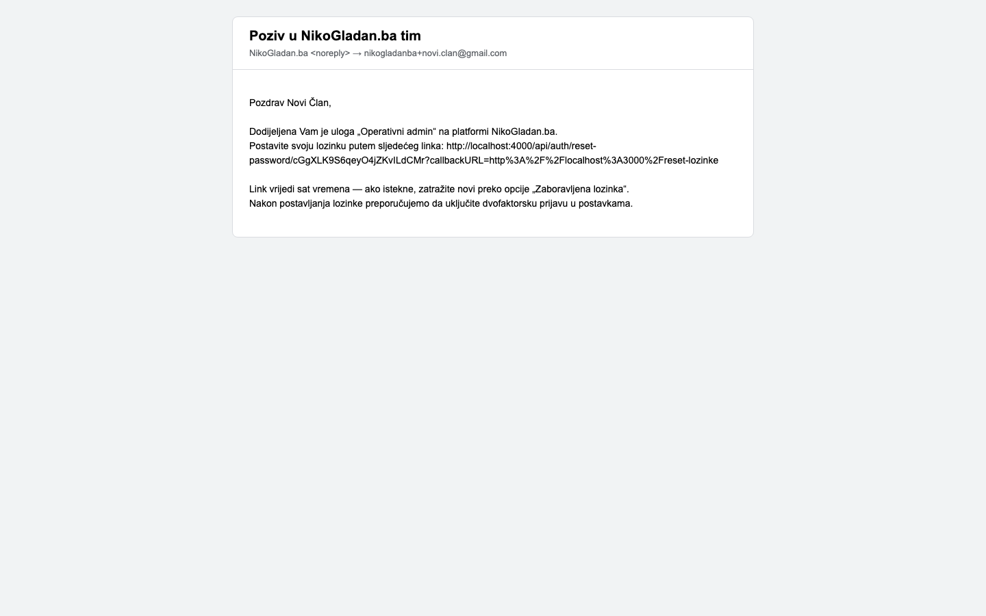 Korak 19: [Gmail] Email „Poziv u NikoGladan.ba tim" s linkom za postavljanje lozinke.