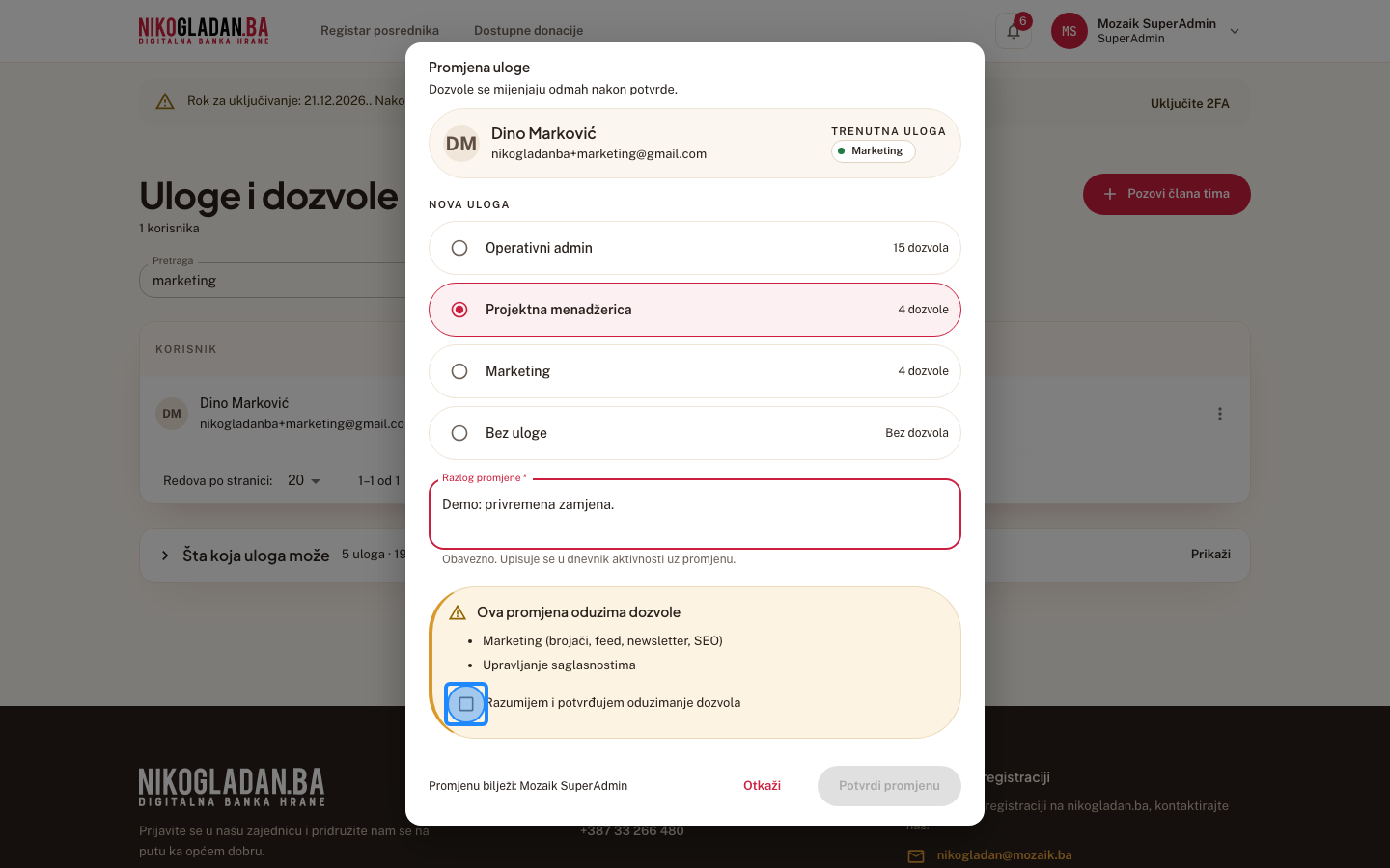 Korak 25: Ova promjena oduzima dozvole — označite „Razumijem i potvrđujem oduzimanje dozvola".