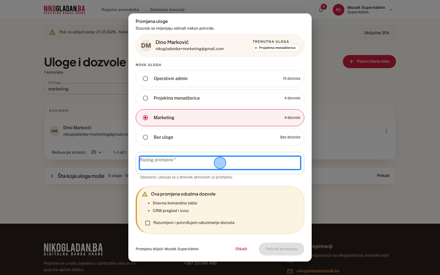 Korak 31: U polje „Razlog promjene" upišite: Demo: privremena zamjena.