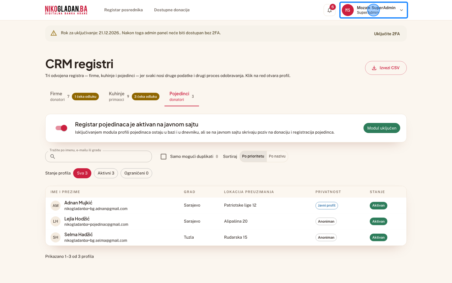 Korak 58: Kliknite ime SuperAdmina gore desno.