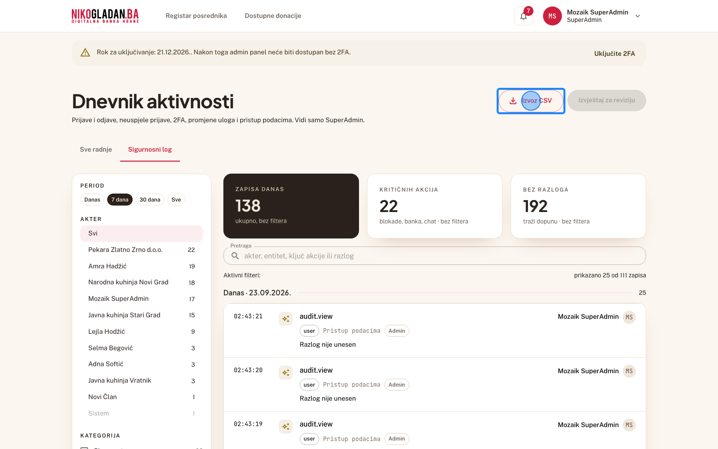 Korak 18: Kliknite „Izvoz CSV" — preuzima se CSV sigurnosnog loga (izvoz se bilježi).