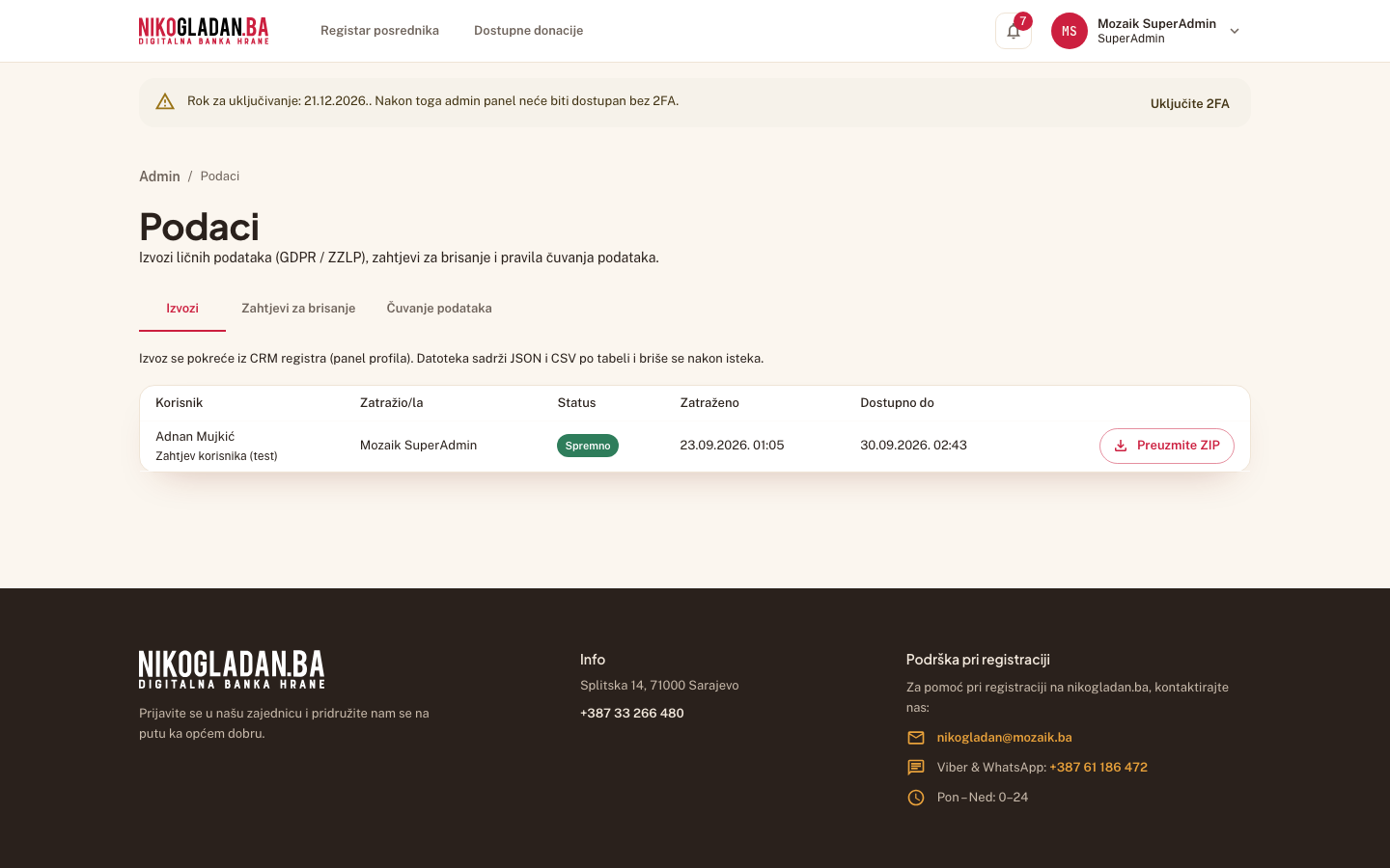 Korak 43: Stranica „Podaci" (/admin/podaci), tab „Izvozi": red Adnan Mujkić sa statusom „Spremno".