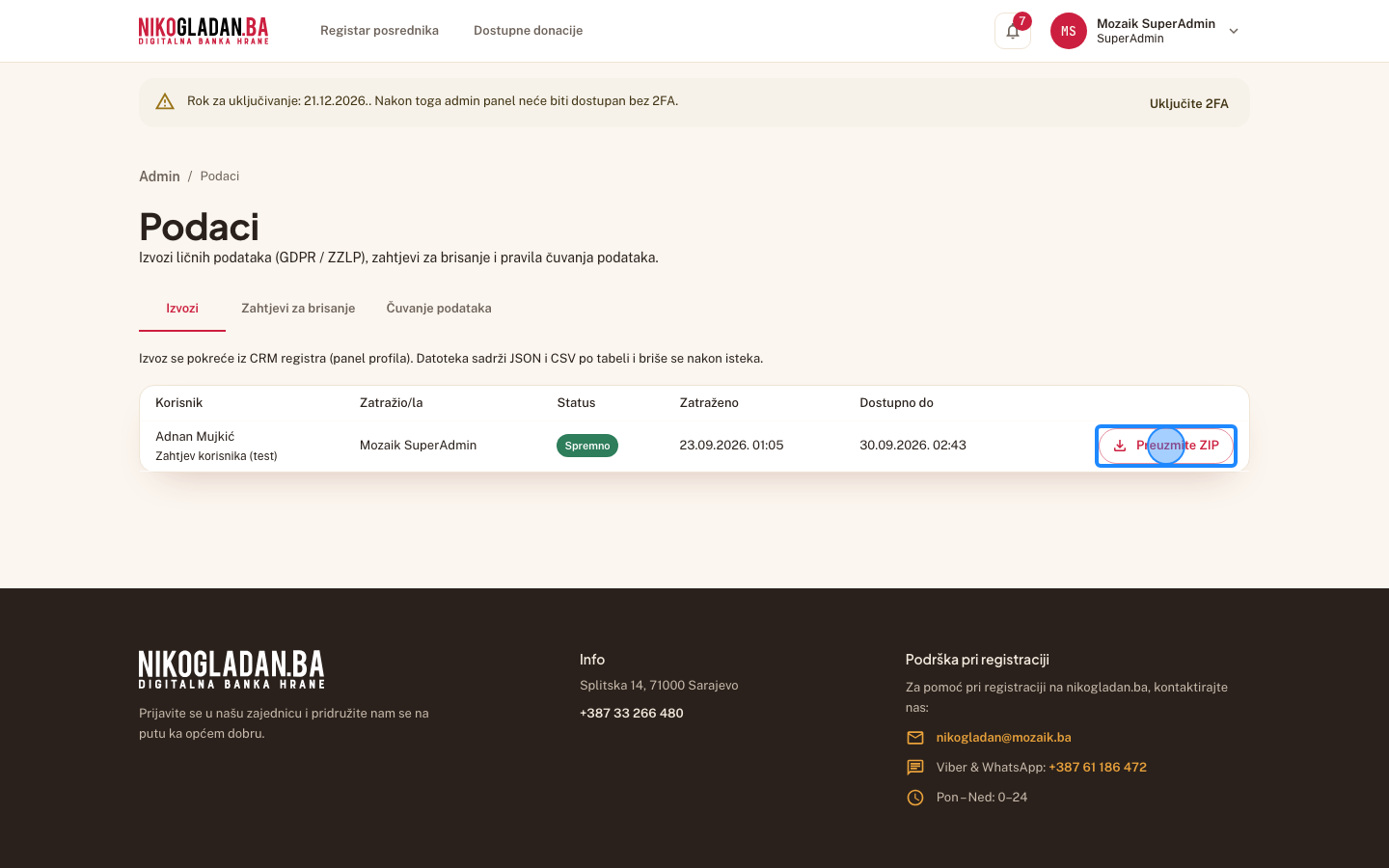 Korak 44: U redu kliknite „Preuzmite ZIP" — ZIP sadrži JSON i CSV po tabeli; preuzimanje se bilježi.