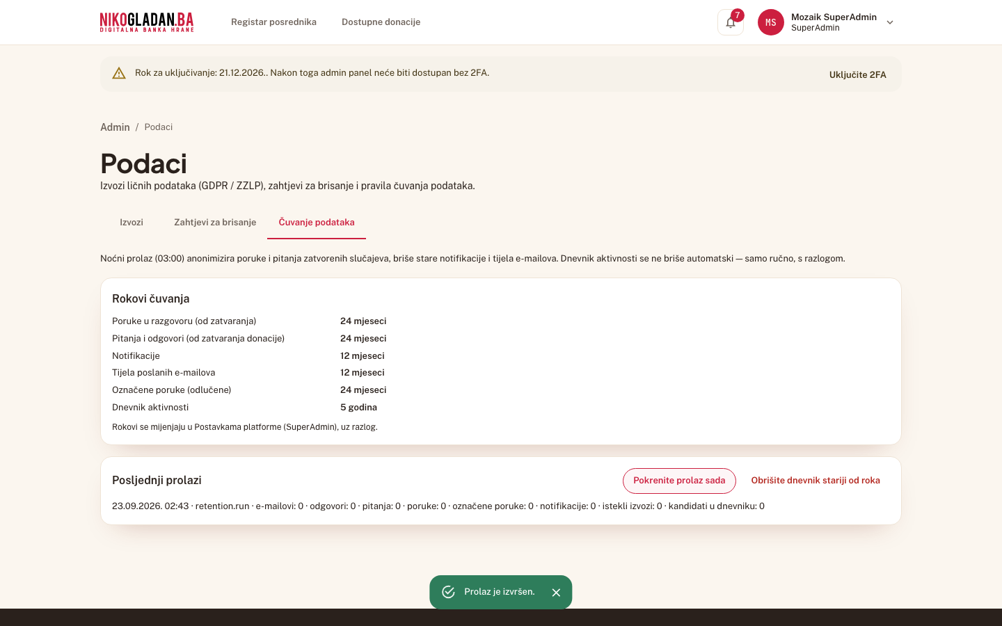 Korak 55: Poruka „Prolaz je izvršen." — novi red u „Posljednji prolazi" s brojevima obrađenih zapisa. Dugme „Obrišite dnevnik stariji od roka" ne klikati.
